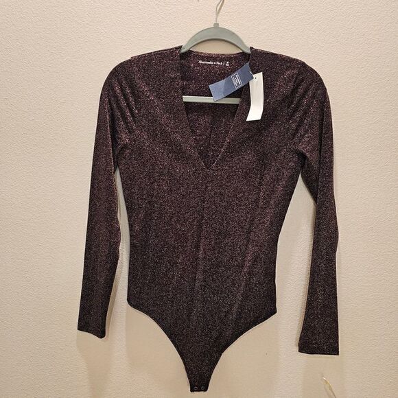 NWT A & F Brown Metallic V-Neck Bodysuit Size Medium - Picture 1 of 6